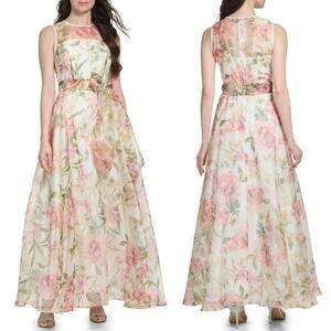 Eliza J. Ivory Multi Floral Illusion Neck Belted Evening Dress Womens 6P NWT
